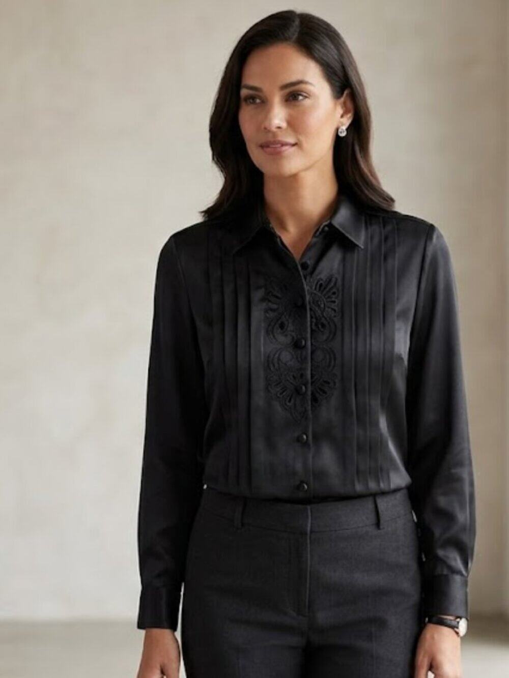 Karen Scott Black Satin Pintuck Blouse | Embroidered Placket Button-Down 8